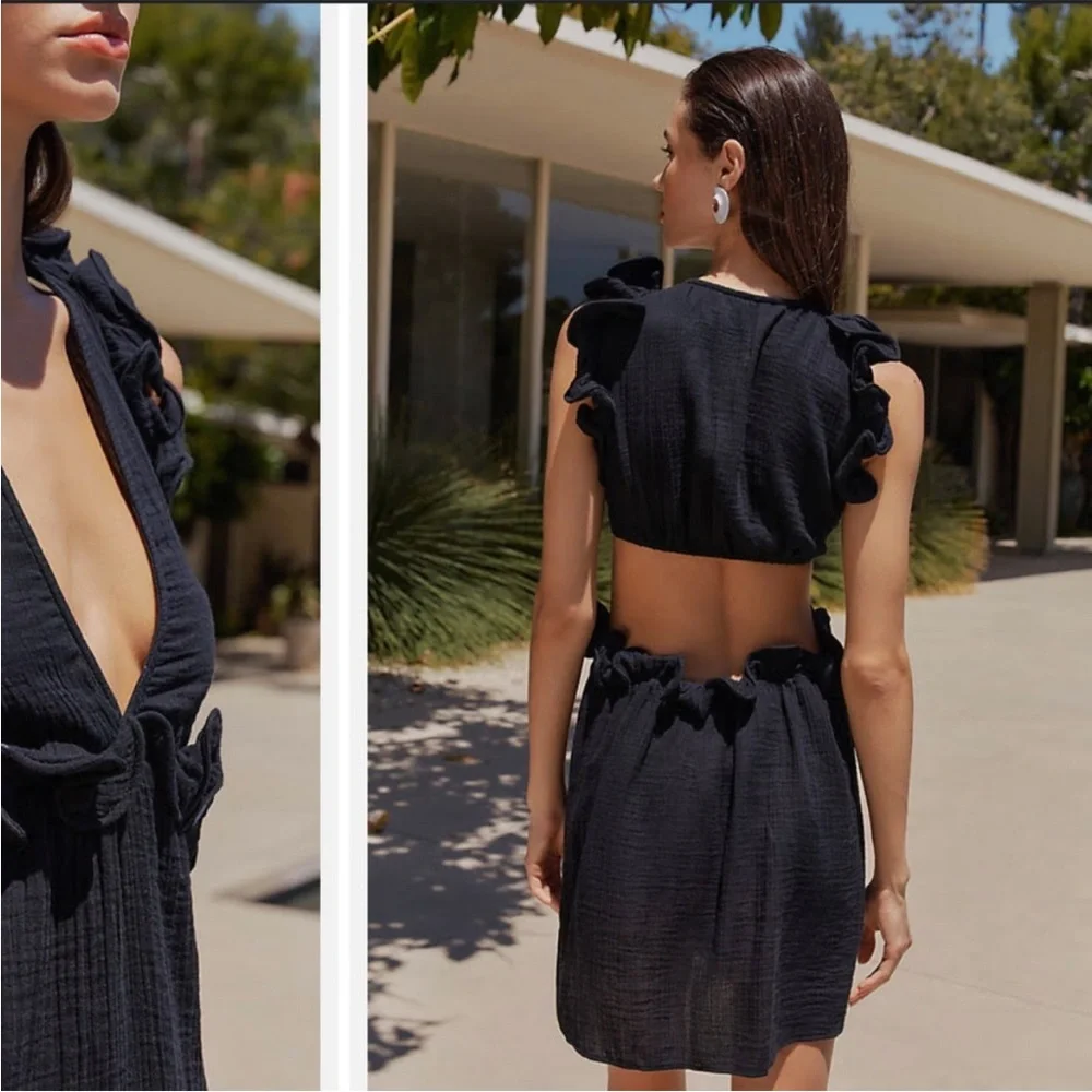 Anthropologie Sleeveless Ruffled Cutout Mini Dress Black - Picture 2 of 8